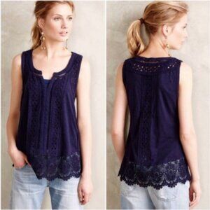 ANTHROPOLOGIE Meadow Rue Navy Blue Sleeveless Top Ladder Lace Crochet Accent XS